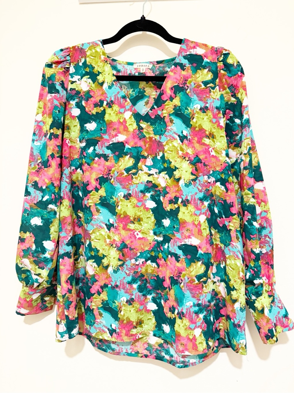 JODIFL Teal Pink Lime Multicolor V-Neck Blouse